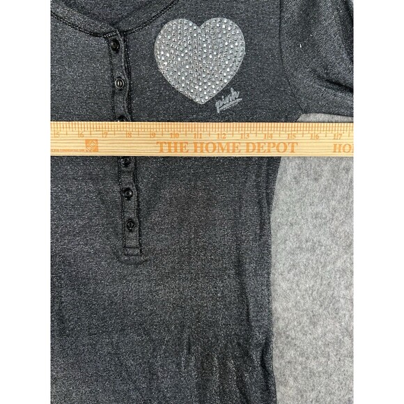 Victoria’s Secret PINK Black Metallic Henley Shirt with Rhinestone Bling Heart M - Picture 8 of 10